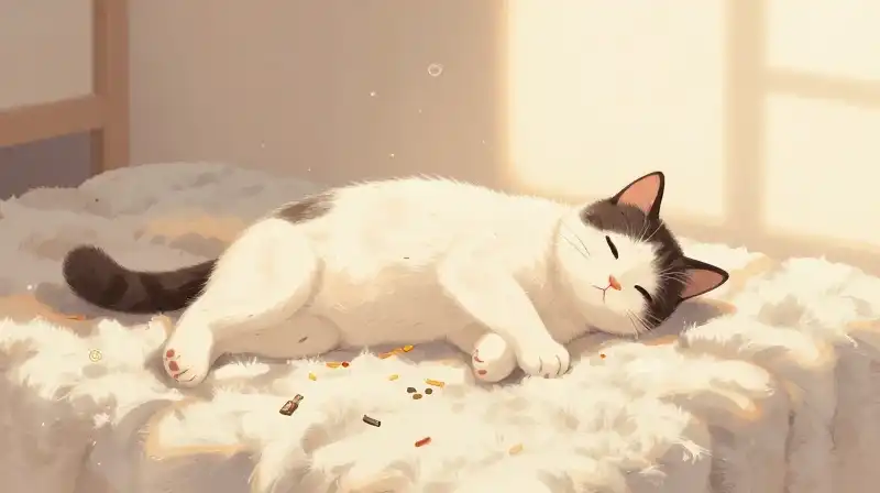 A pregnant cat sits peacefully on a soft blanket in warm sunlight