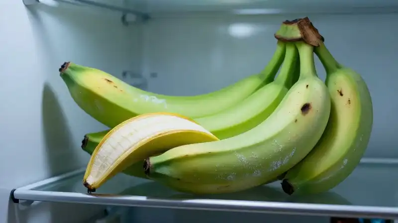 Ripe and crisp bananas sit on a frosted glass shelf