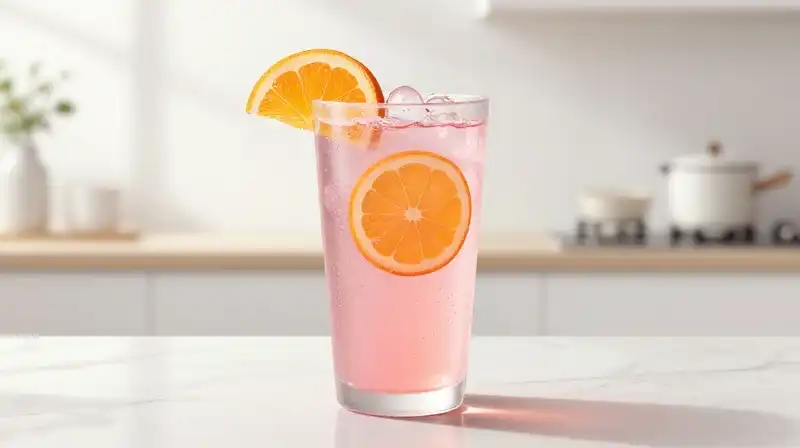 Bright pink soda and citrus float in a clean, sunlit minimalist kitchen