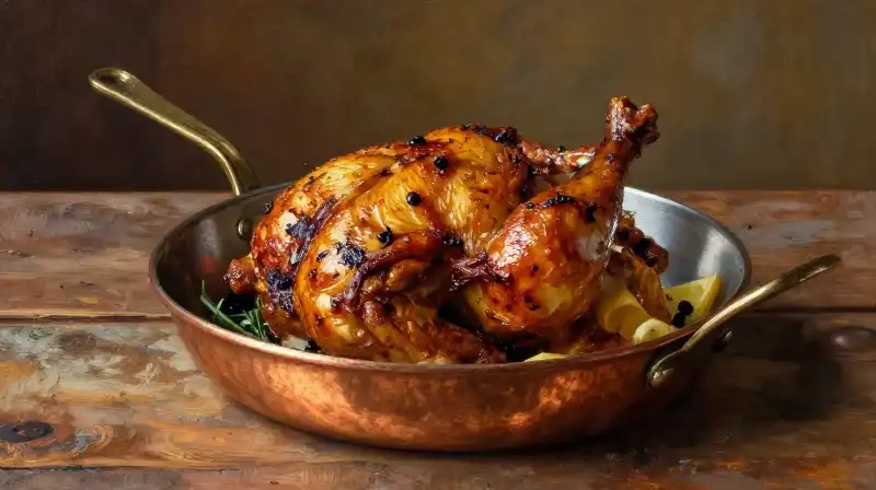 Roasted chicken in a copper pan, bathed in warm golden light
