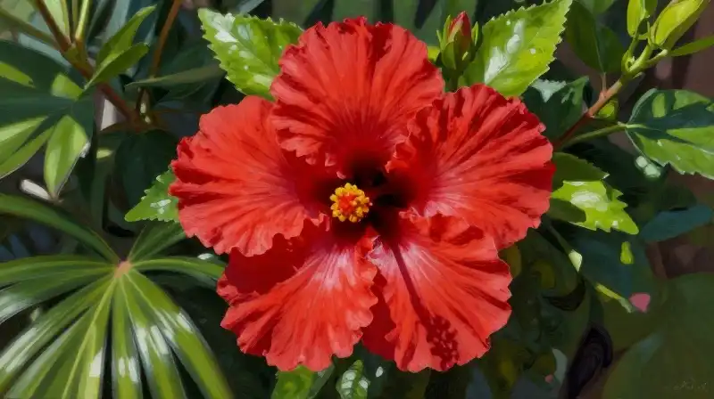 Crimson hibiscus blooms brightly in dappled tropical sunlight