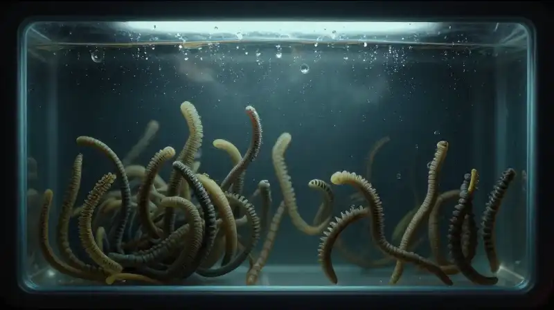 Writhing larvae swarm inside a murky, condensation-covered glass jar