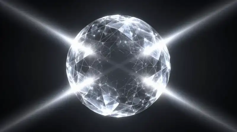 A glowing crystalline sphere projects twin beams into an infinite geometric void