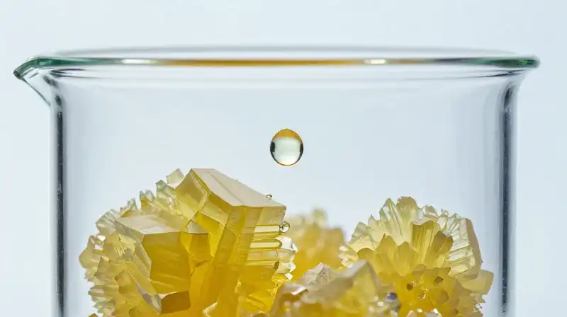 Vibrant acid droplets and crystalline structures within a transparent beaker