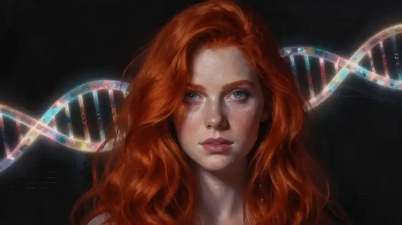 Dramatic portrait of a redhead overlaid with glowing DNA patterns in deep shadow