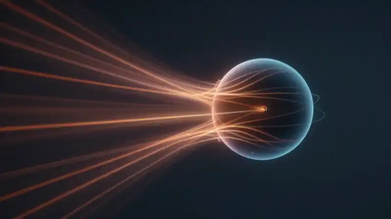 Abstract force vectors pull a weighted sphere through dramatic darkness