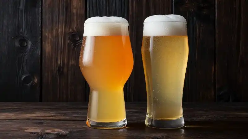 Hazy amber and clear lager glow dramatically on dark wood