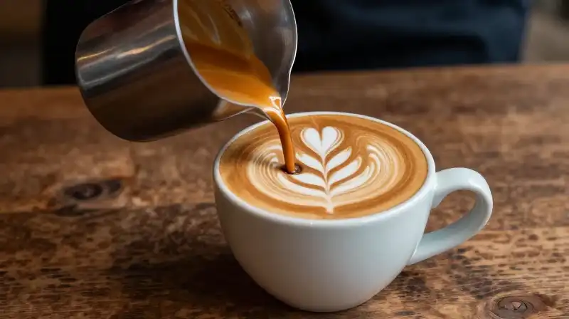 Espresso art displays a masterpiece on a rustic wooden table