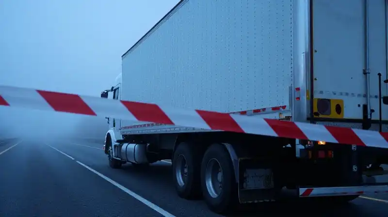 Foggy blue twilight blankets the restricted semi-truck