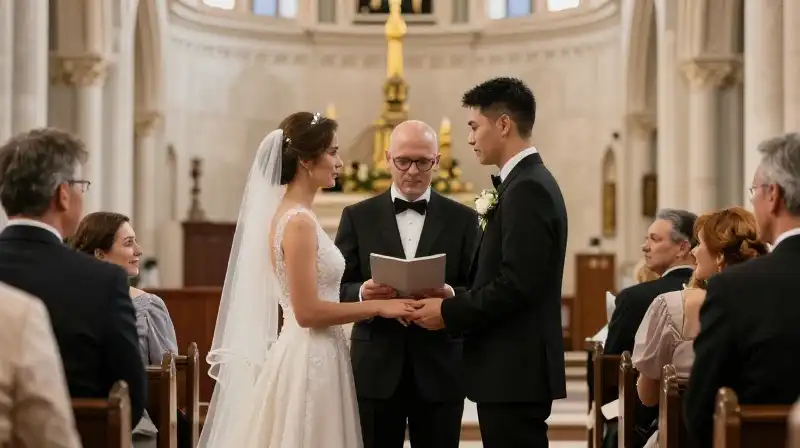 A solemn couple exchanges vows in a sun-drenched cathedral
