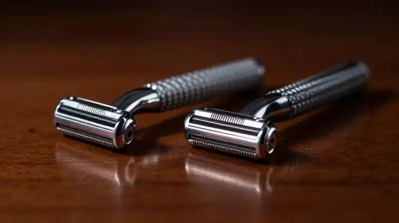 Two detailed razors contrast dramatically upon glossy dark wood