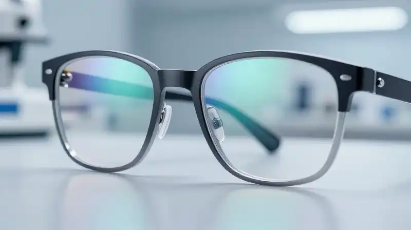 Detailed prescription glasses resting on a soft clinical laboratory surface