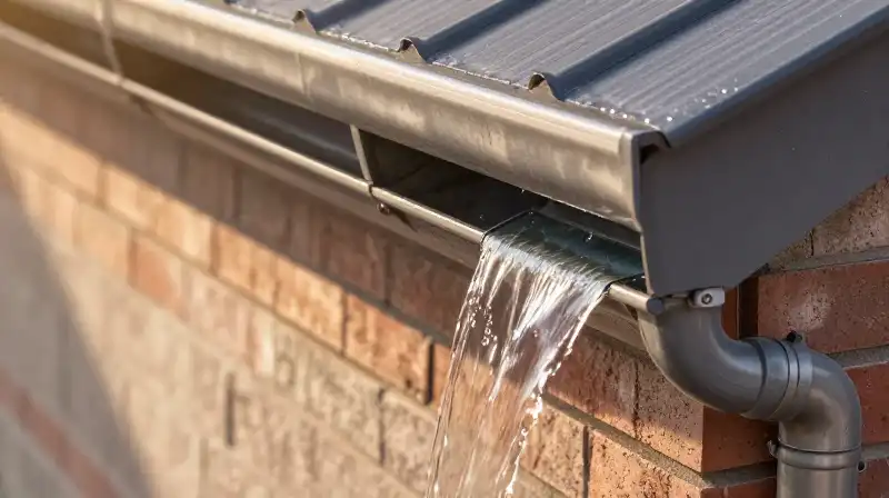 Warm sunlight glints on water channeling down a brick gutter
